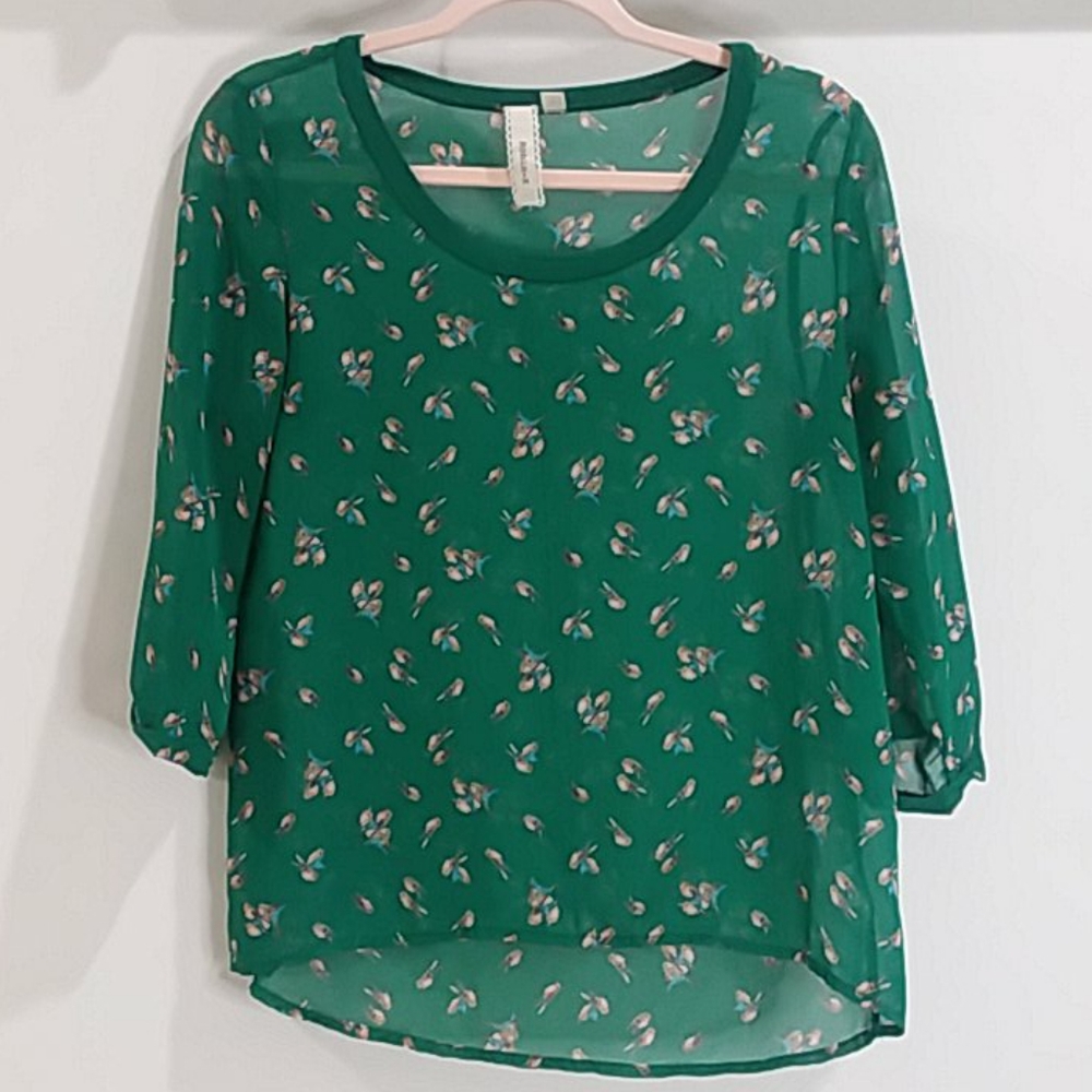 Robin K semi sheer romantic bird blouse small